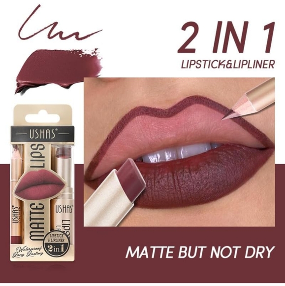 NIB USHAS Matte lips 👄 2in1 lipstick & lipliner #02 Rosetto, waterproof - Picture 5 of 9